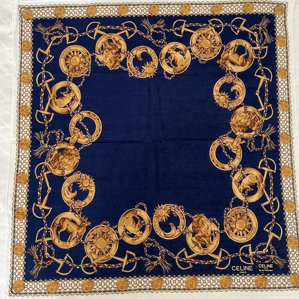 Vintage Celine Paris Navy Silk Scarf BNWT Late 1980s-Early 90s Rare France